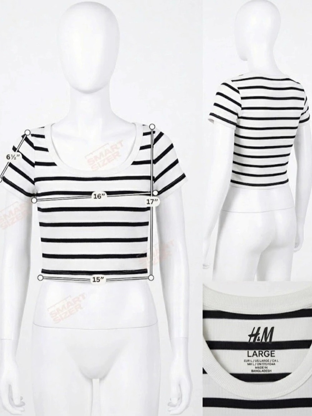 H&M Striped Scoop Neck Crop Tee White & Black Size Large